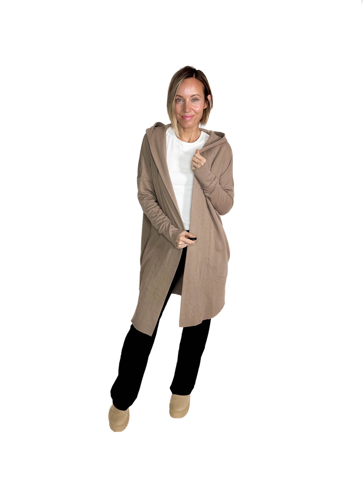 MONO B Whistler Longline Hoodie Cardigan- CREAMY TAUPE