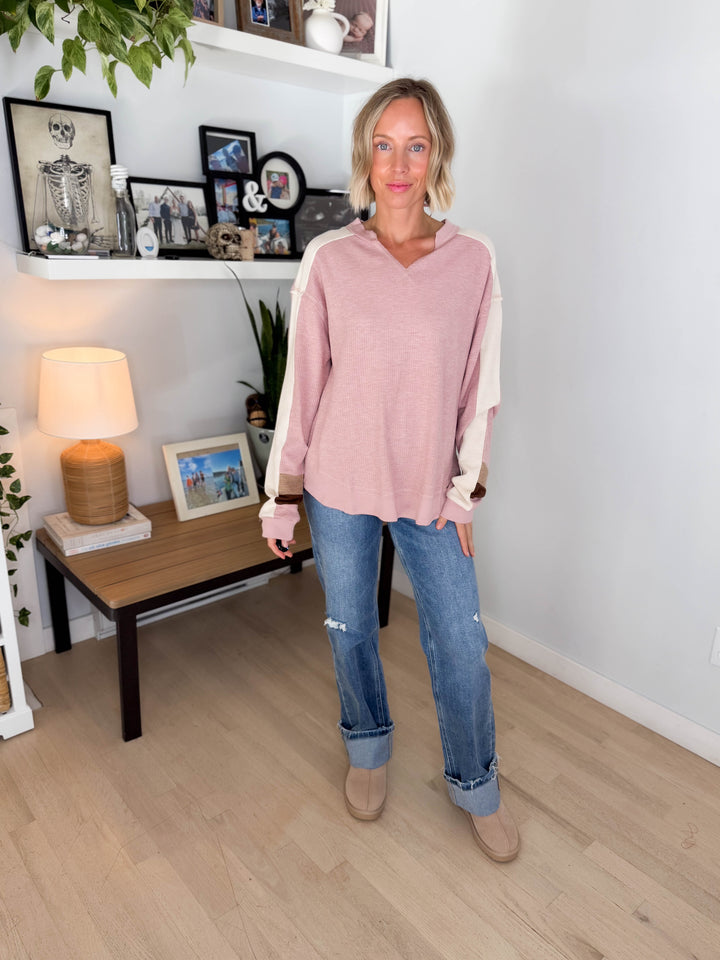Elara Oversized Waffle Long Sleeve Pullover- BLUSH