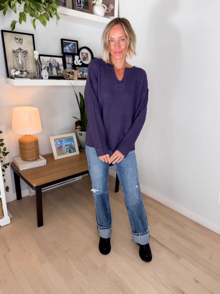 Ria Slit Neck Sweater- EGGPLANT