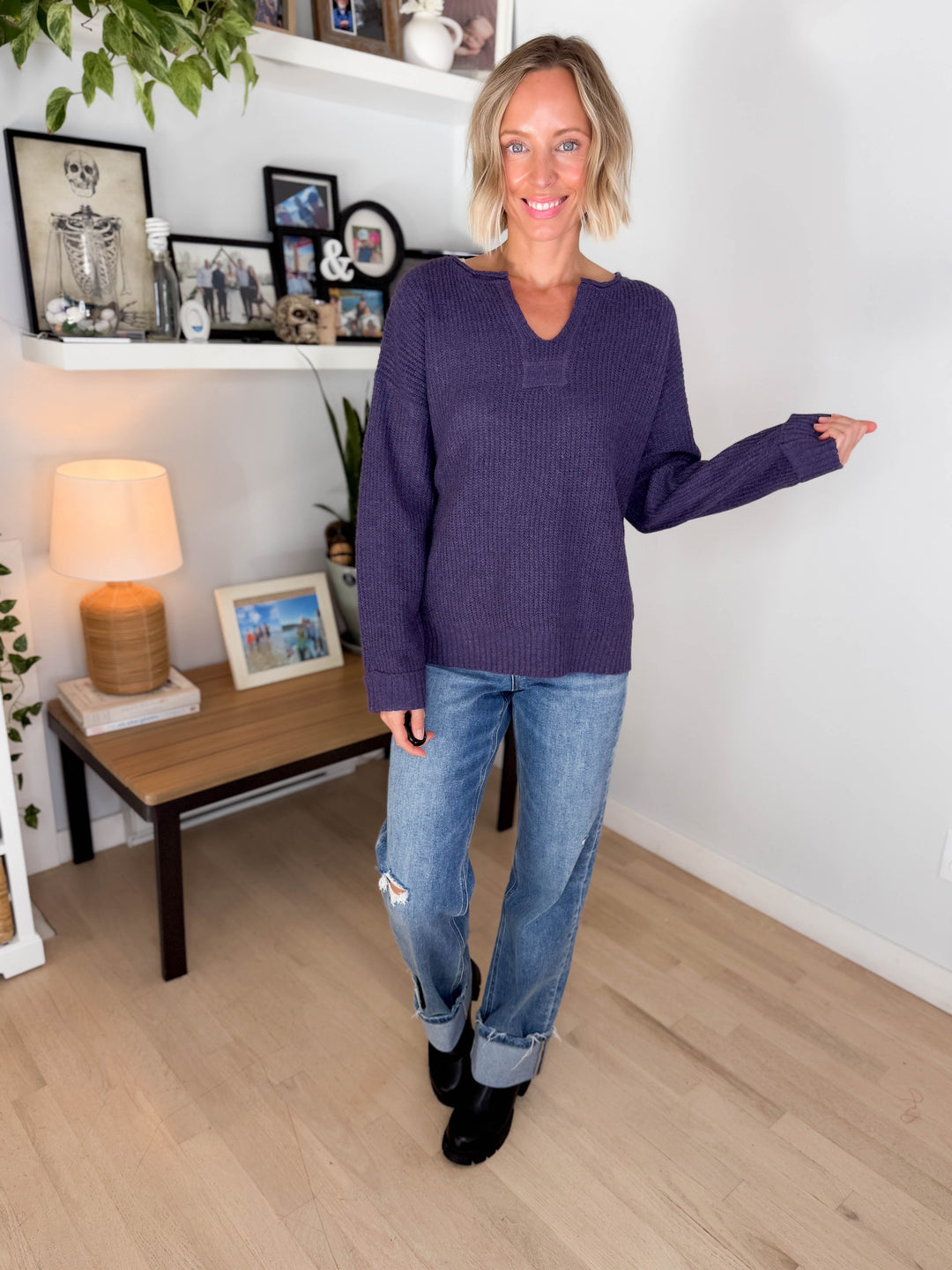Ria Slit Neck Sweater- EGGPLANT