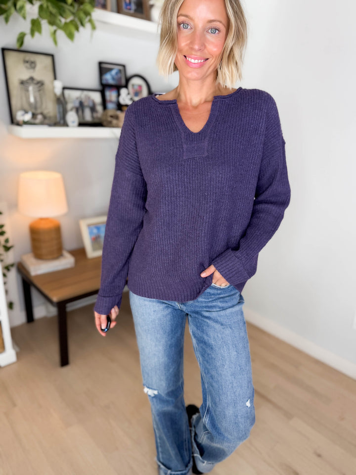 Ria Slit Neck Sweater- EGGPLANT