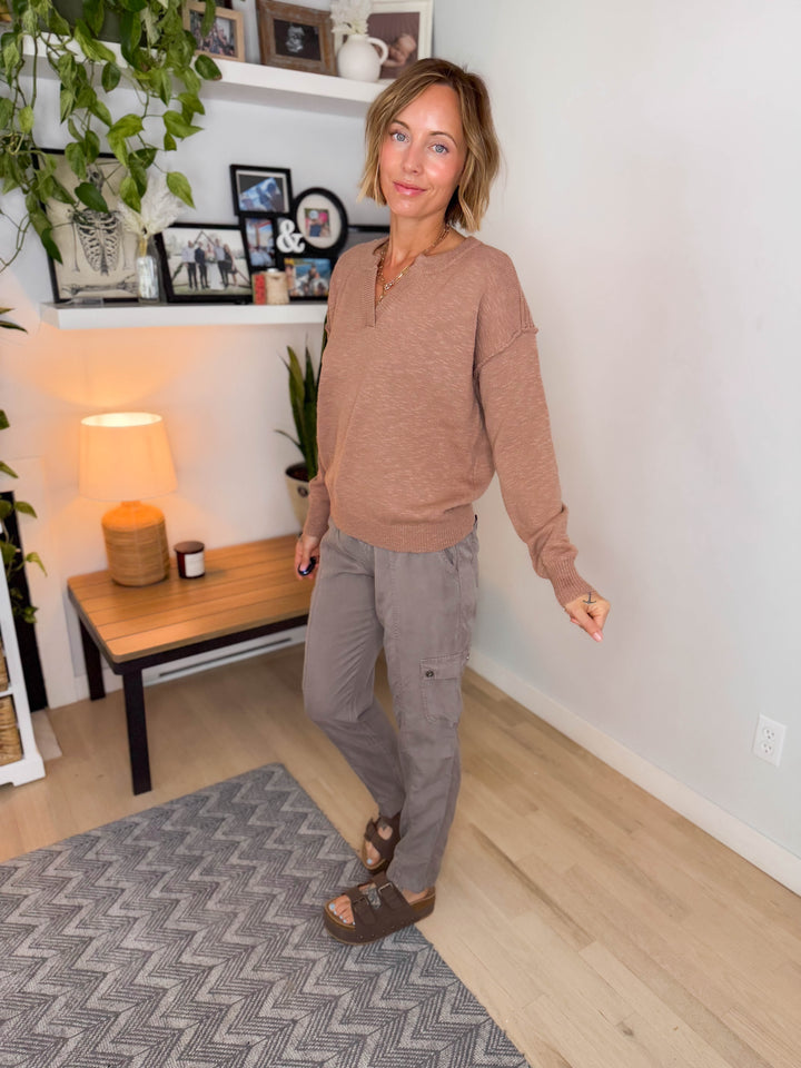 Boardwalk Raw Henley Long Sleeve Sweater- TERRACOTTA
