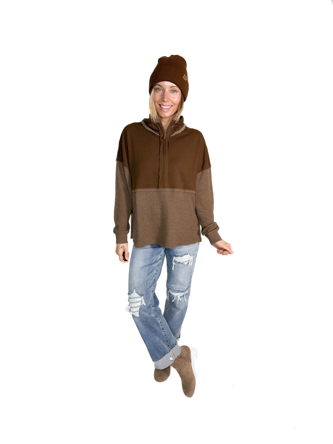 Arwen Waffle 1/4 Zip Pullover- ESPRESSO
