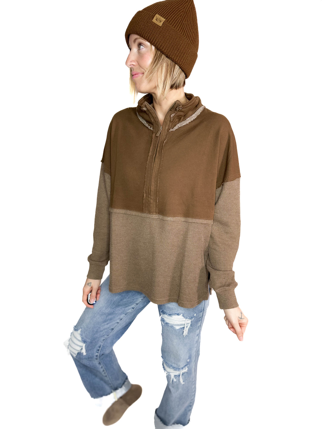 Arwen Waffle 1/4 Zip Pullover- ESPRESSO