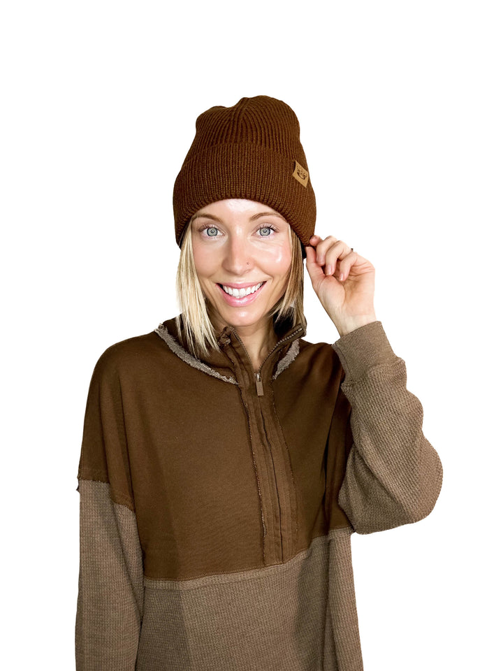 Arwen Waffle 1/4 Zip Pullover- ESPRESSO