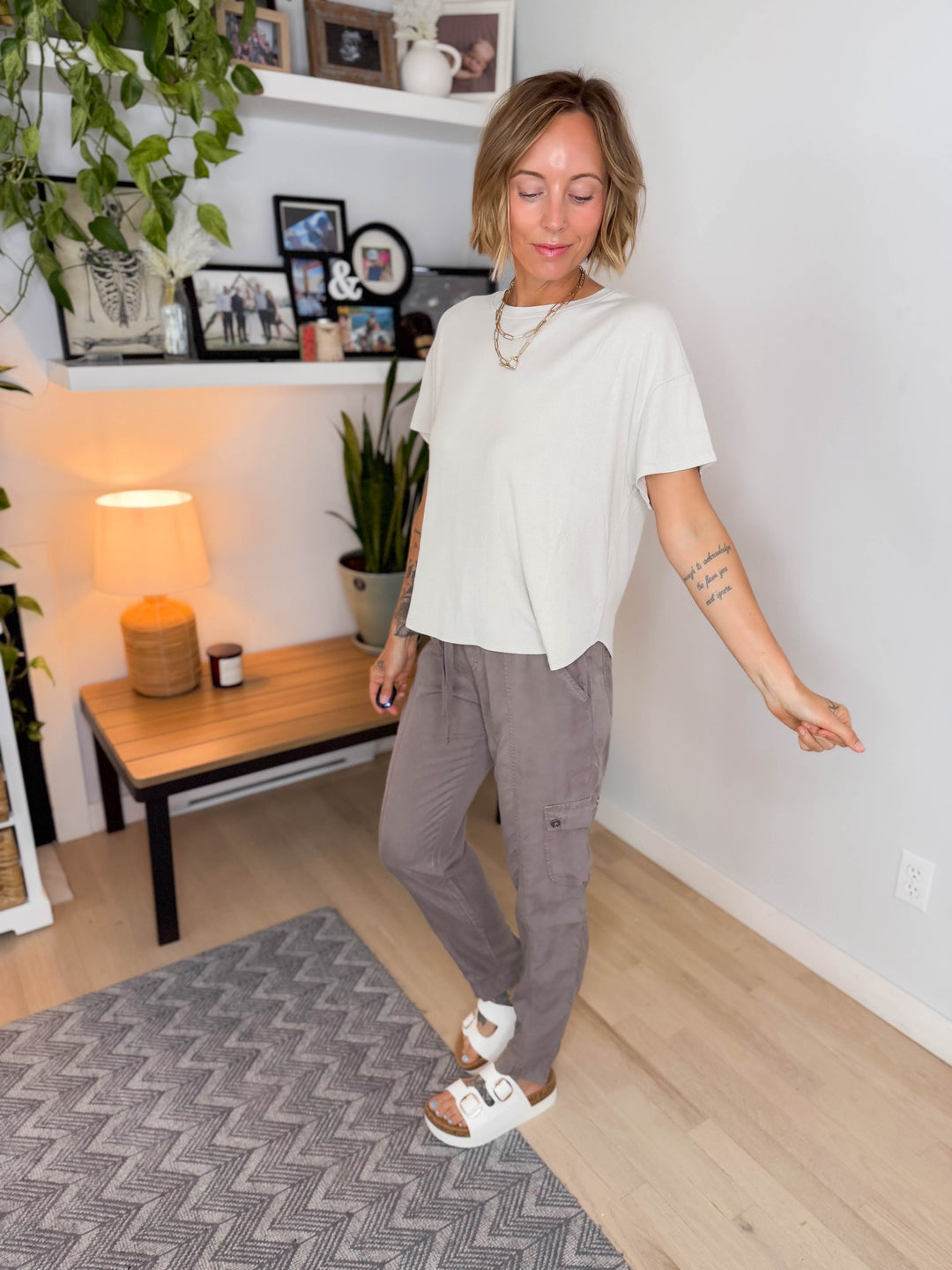 Wild Sage Drop Shoulder Ribbed Tee- NATURAL