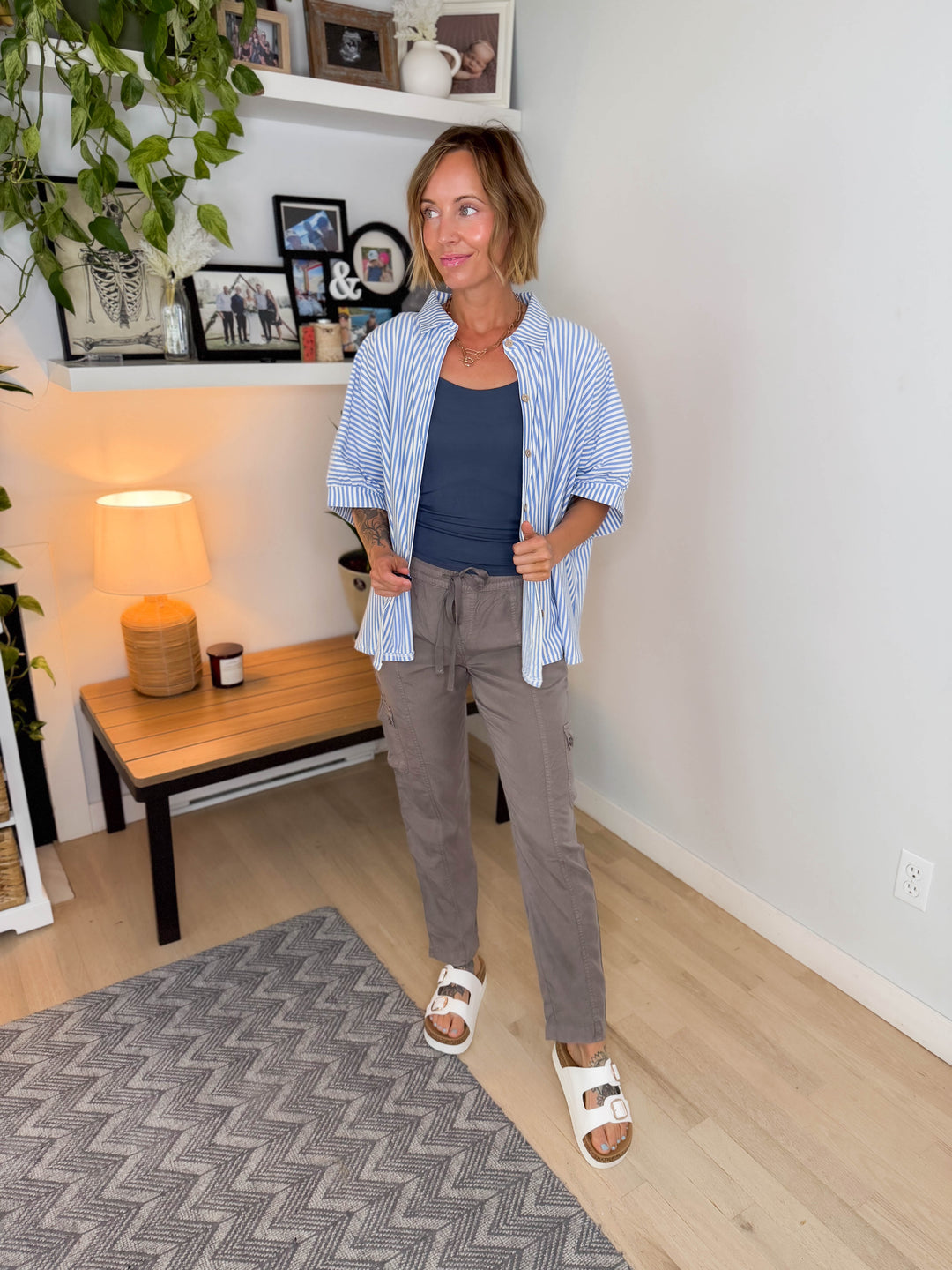 Hayden Stretch Cotton Button Down- CORNFLOWER