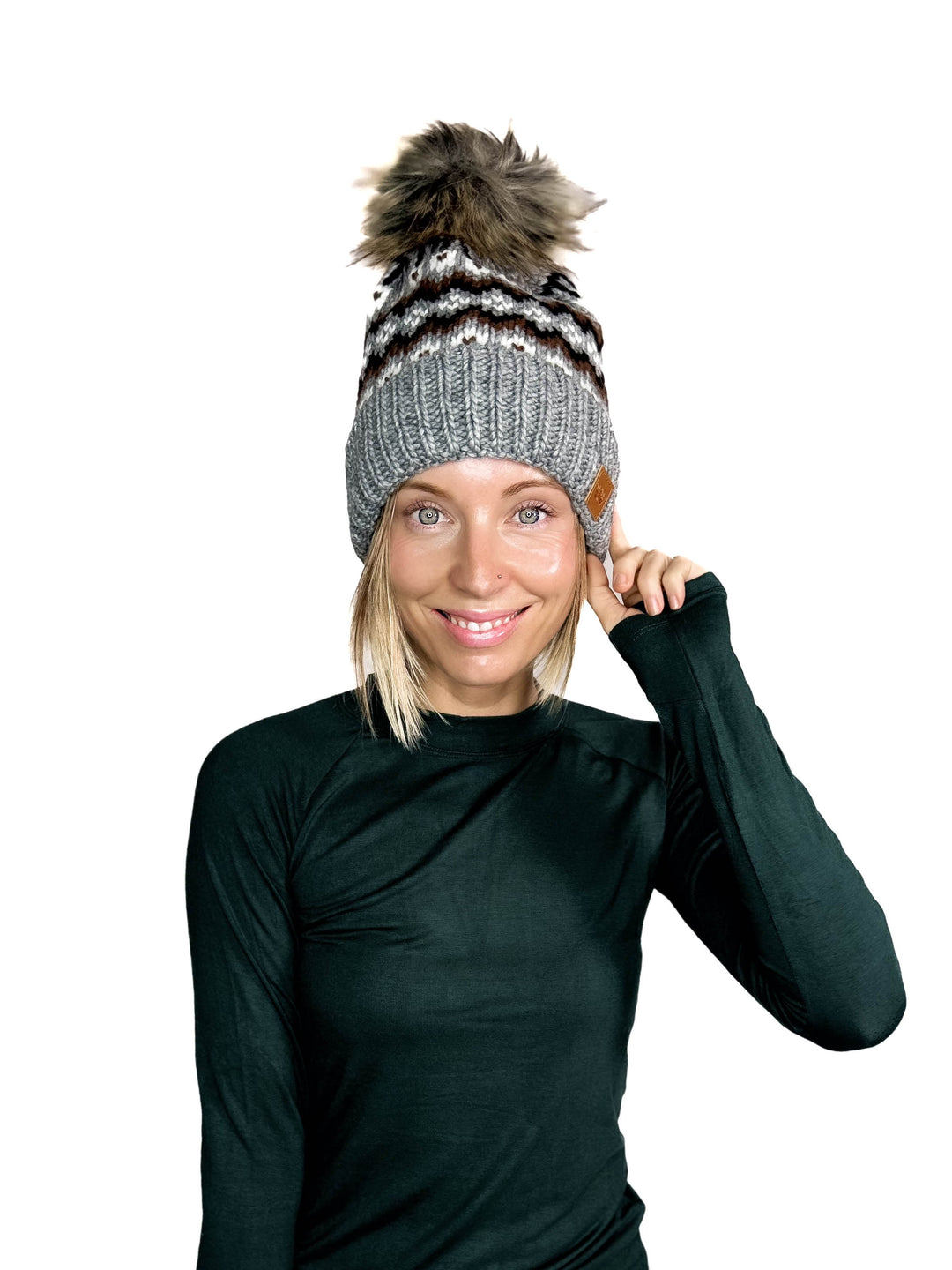 Classic Chunky Knit Pom Beanie- GREY MULTI