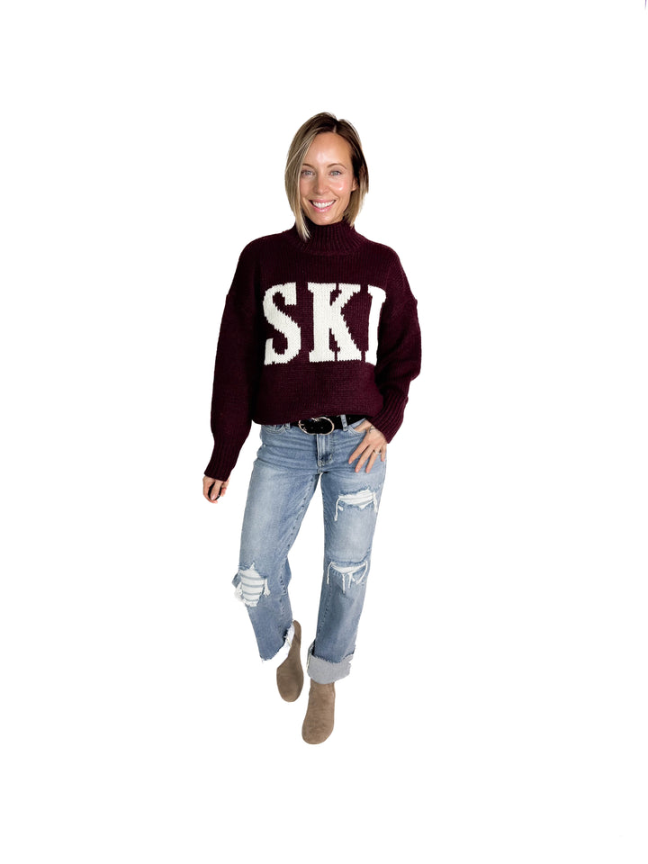 Apres Ski High Neck Sweater- WINE/IVORY