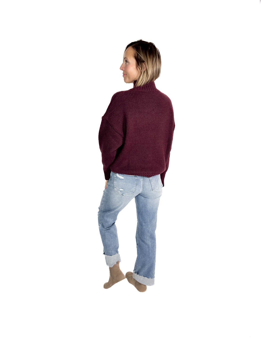 Apres Ski High Neck Sweater- WINE/IVORY