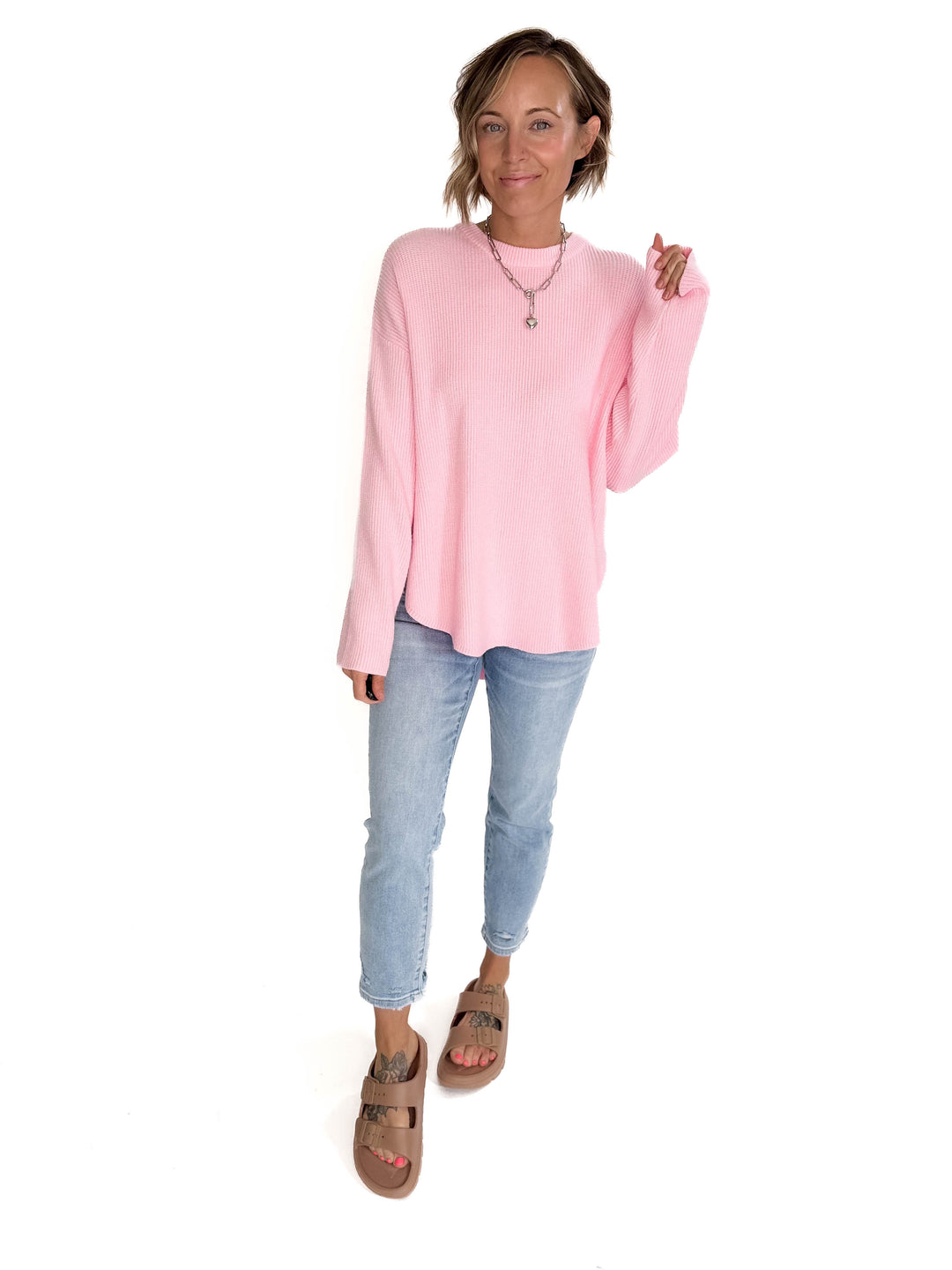 Letha Soft Knit Slide Slit Sweater- BABY PINK-FINAL SALE