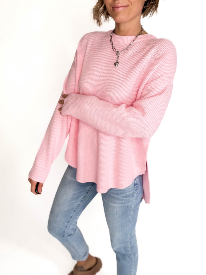 Letha Soft Knit Slide Slit Sweater- BABY PINK-FINAL SALE
