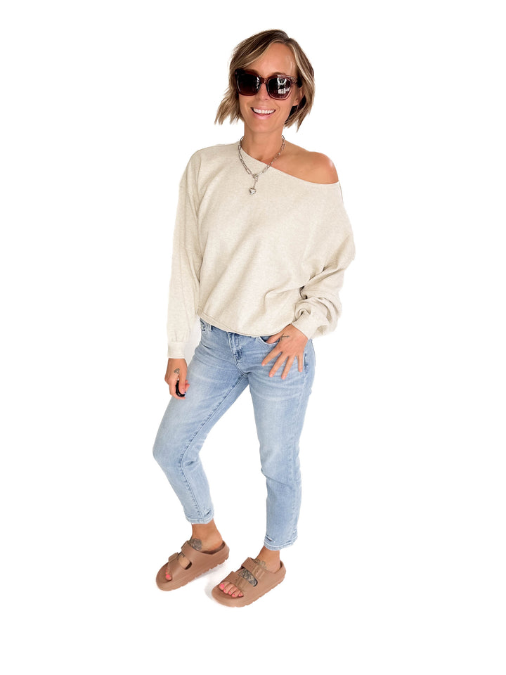 Ivy Waffle Boat Neck  Pullover- OATMEAL-FINAL SALE