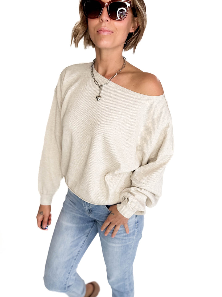 Ivy Waffle Boat Neck  Pullover- OATMEAL-FINAL SALE