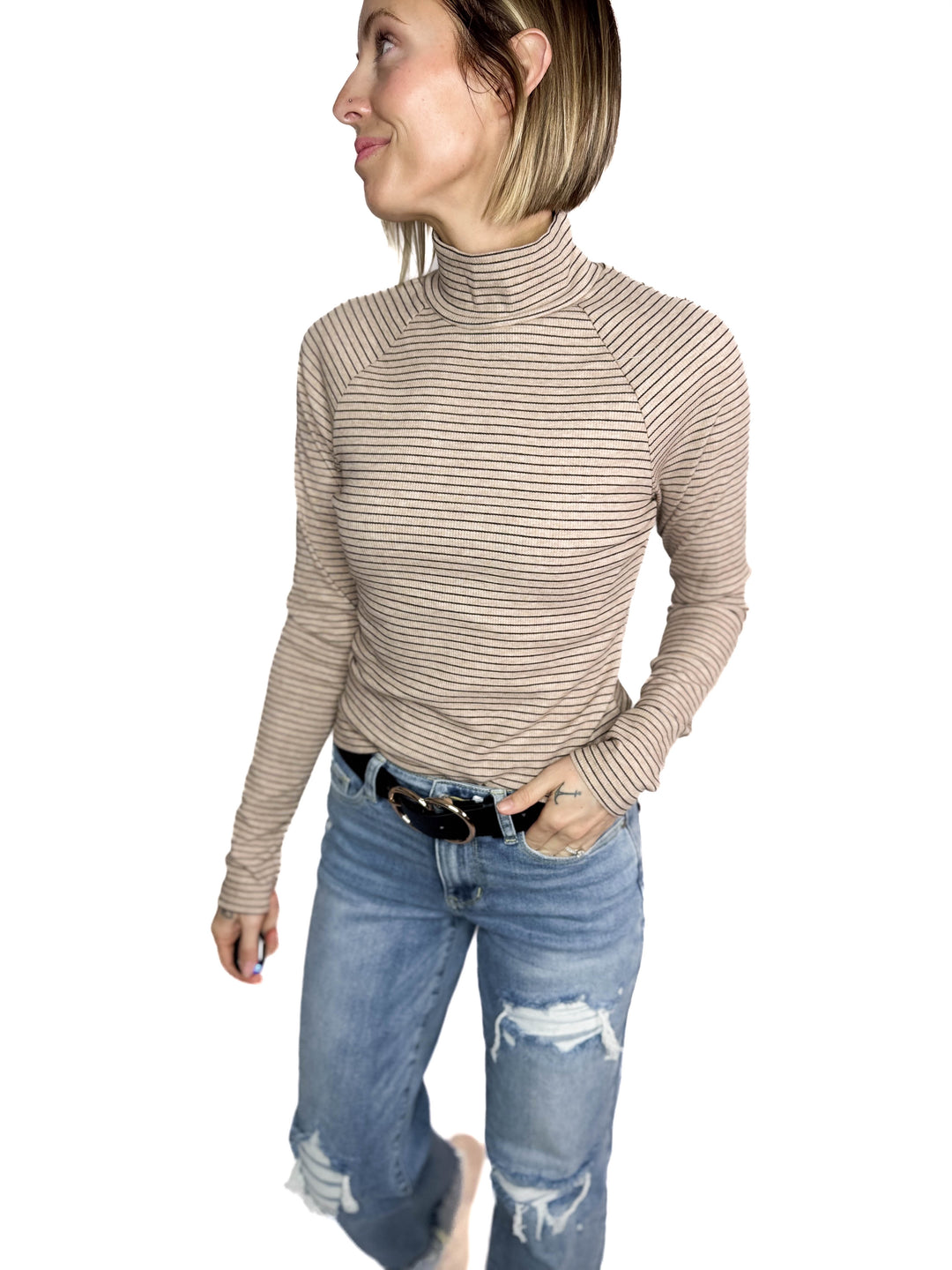 Champagne Kiss Mock Neck Long Sleeve- OATMEAL