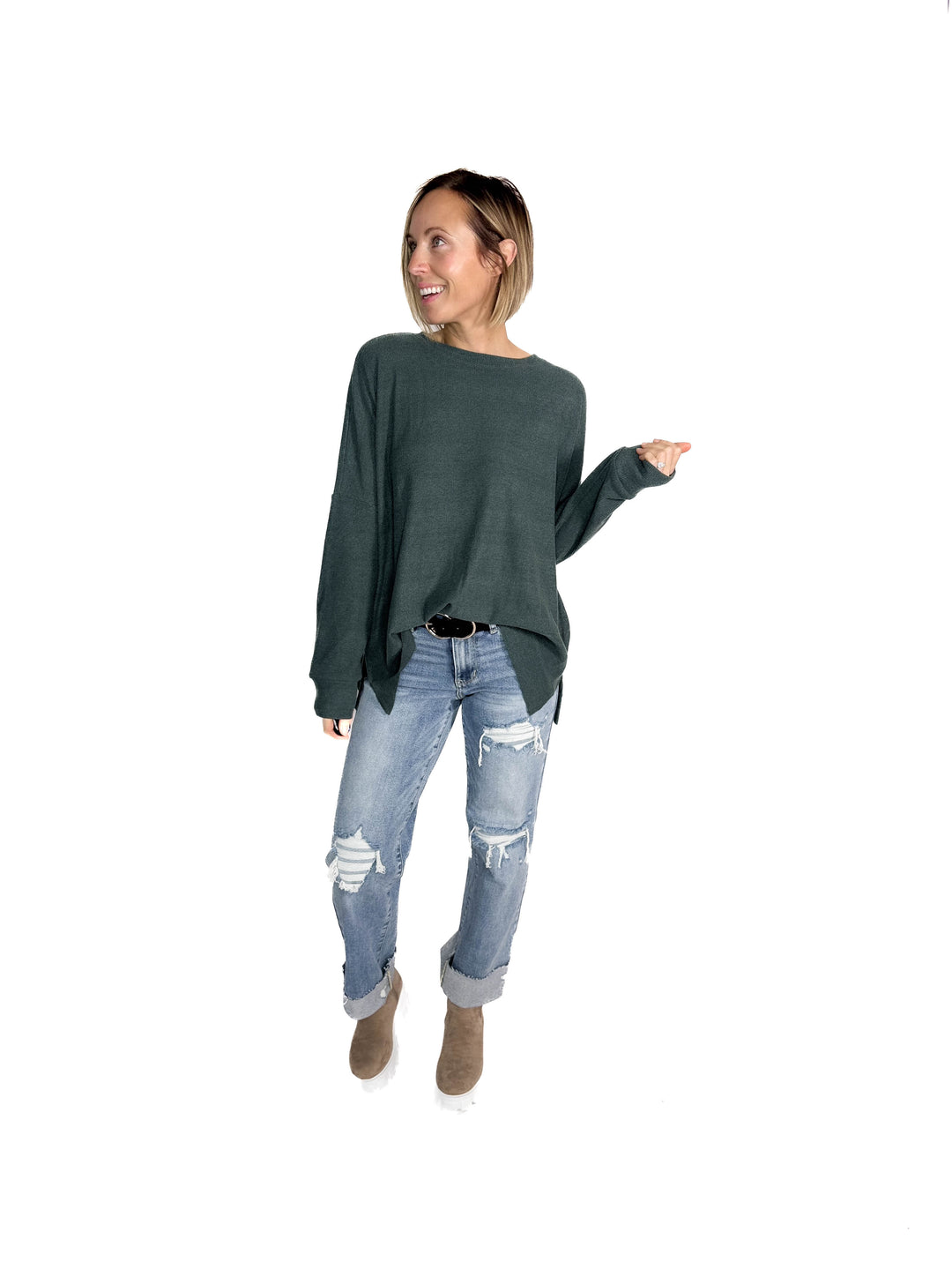 Nolen Soft Touch Ribbed Pullover- TEAL GREEN