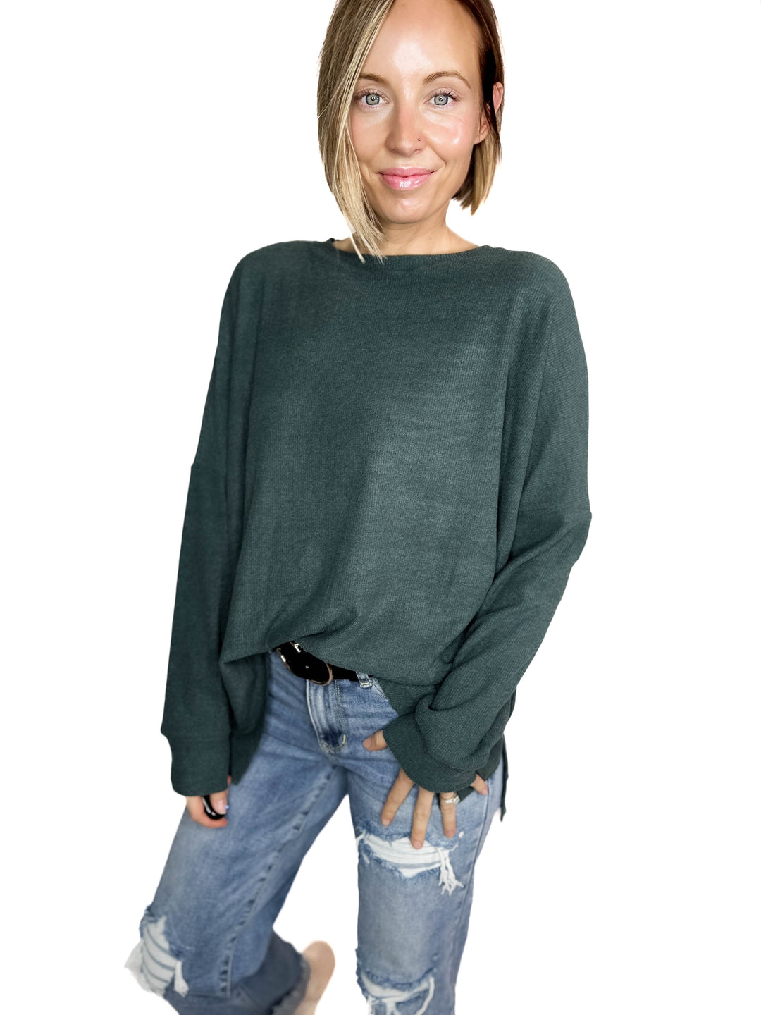 Nolen Soft Touch Ribbed Pullover- TEAL GREEN