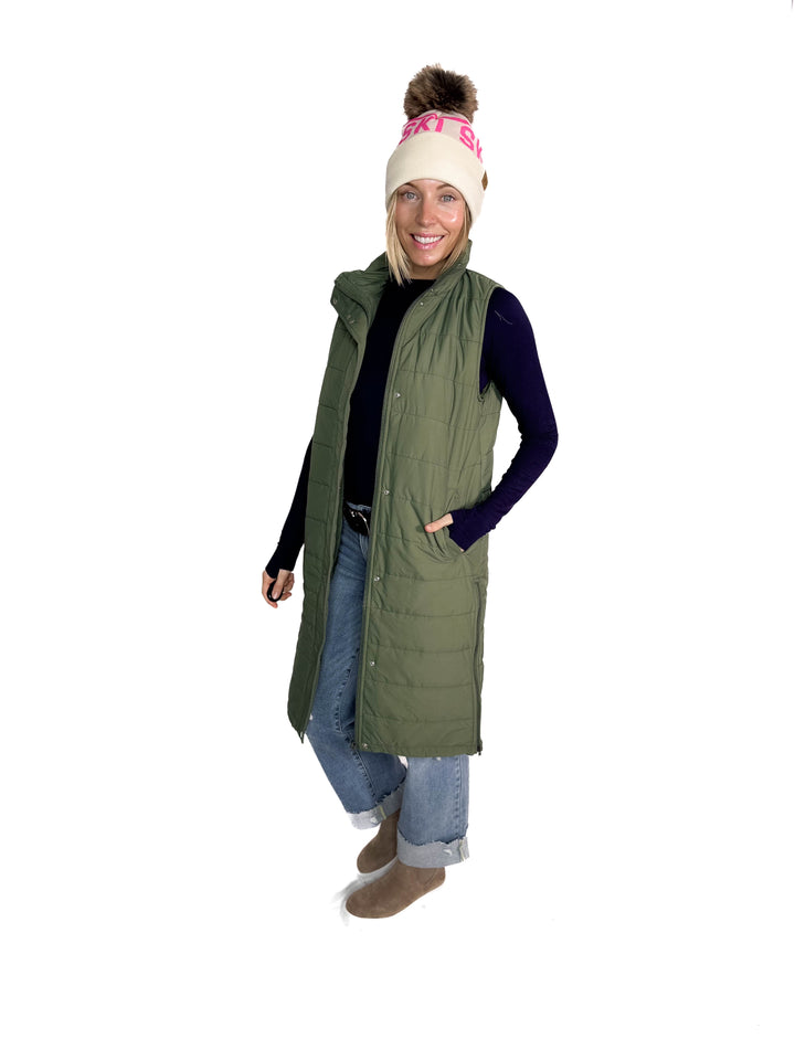 Kendall Long Line Puffer Vest- OLIVE