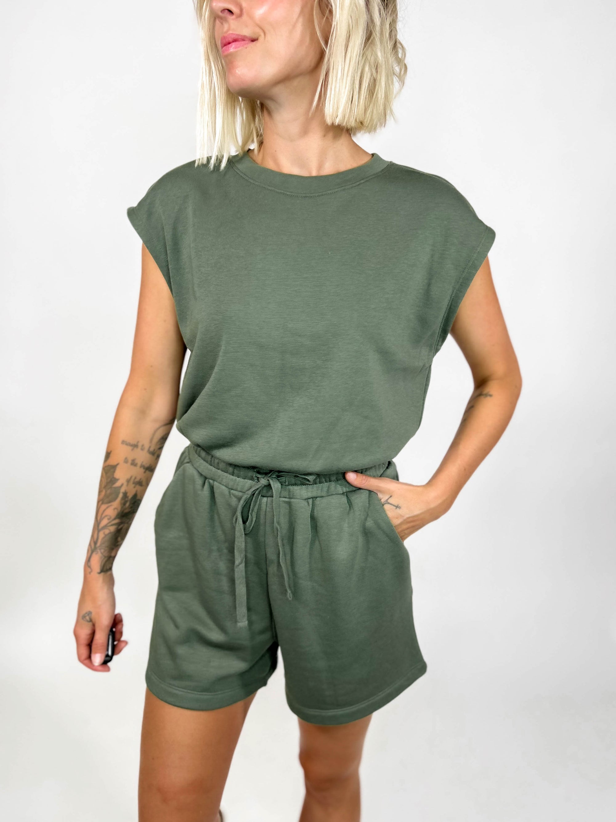 On The Run Open Back Romper- LT OLIVE-FINAL SALE