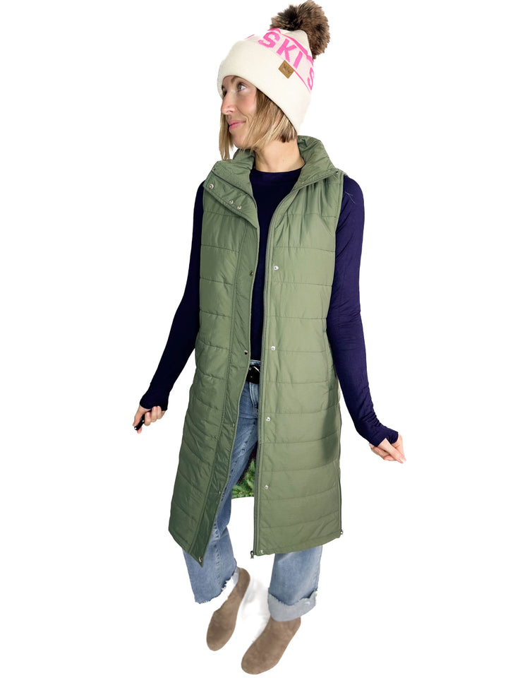 Kendall Long Line Puffer Vest- OLIVE