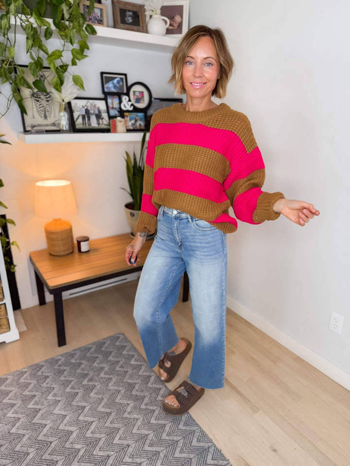 Emberly Drop Shoulder Sweater- CAMEL/FUCHSIA