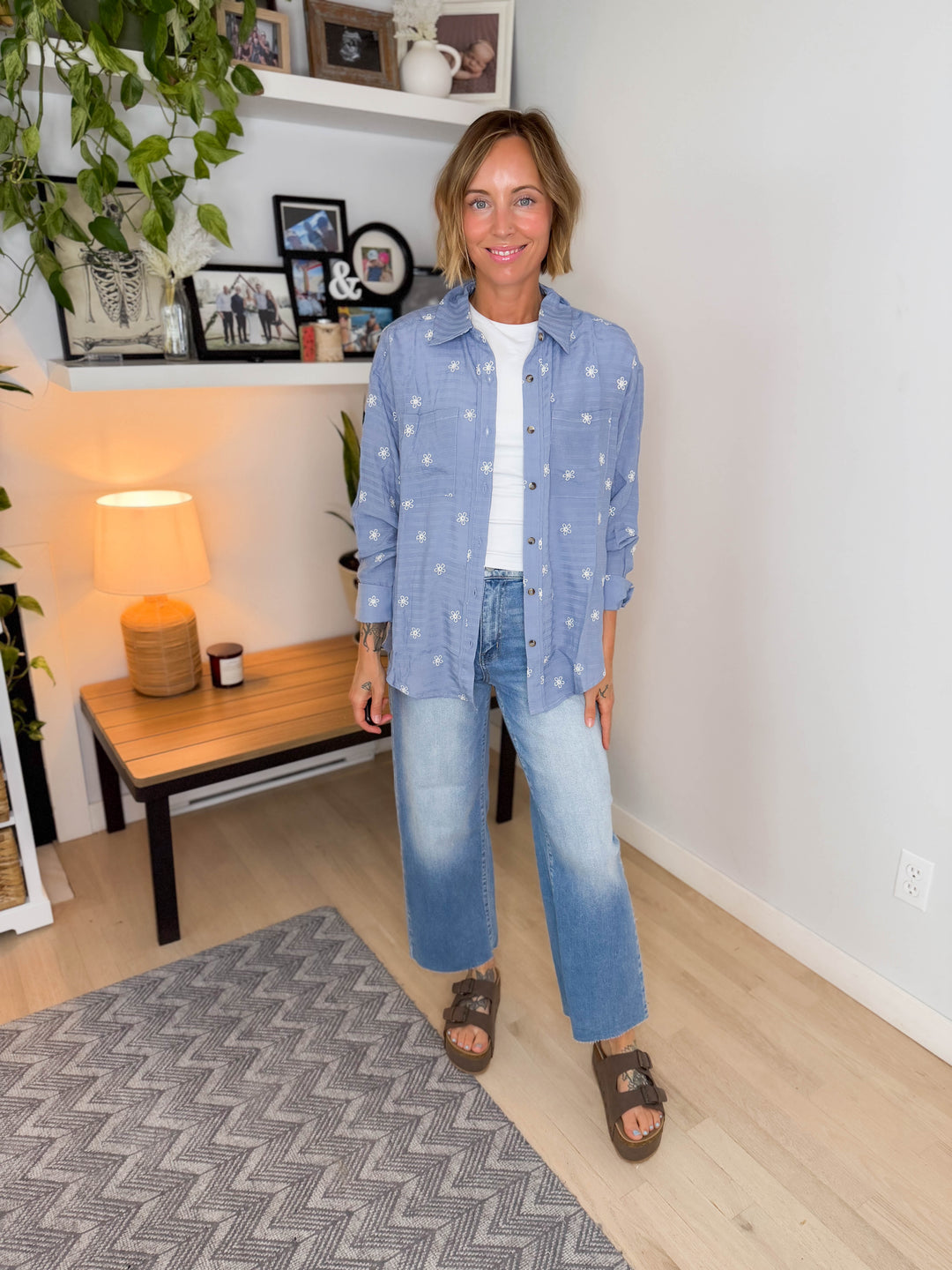 Vivi Embroidered Button Down- DUSTY BLUE