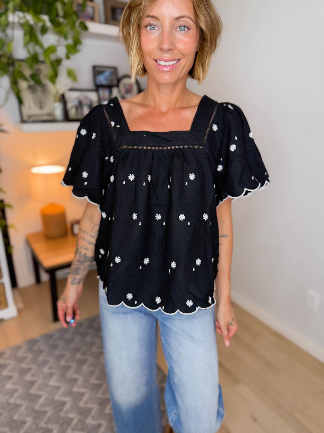 Orabelle Daisy Cotton Embroidered Blouse- BLACK