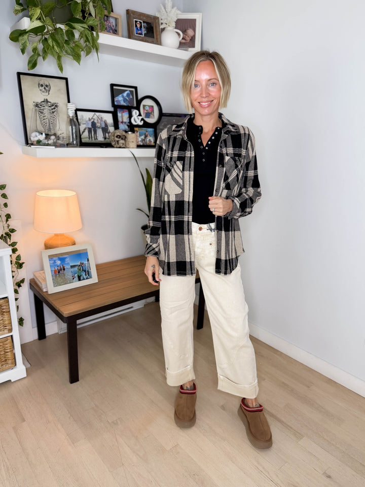Arabella Plaid Button Up Shacket- TAN/BLACK