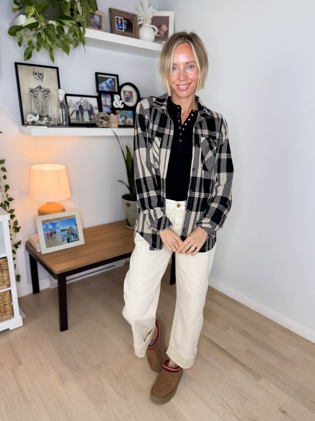 Arabella Plaid Button Up Shacket- TAN/BLACK
