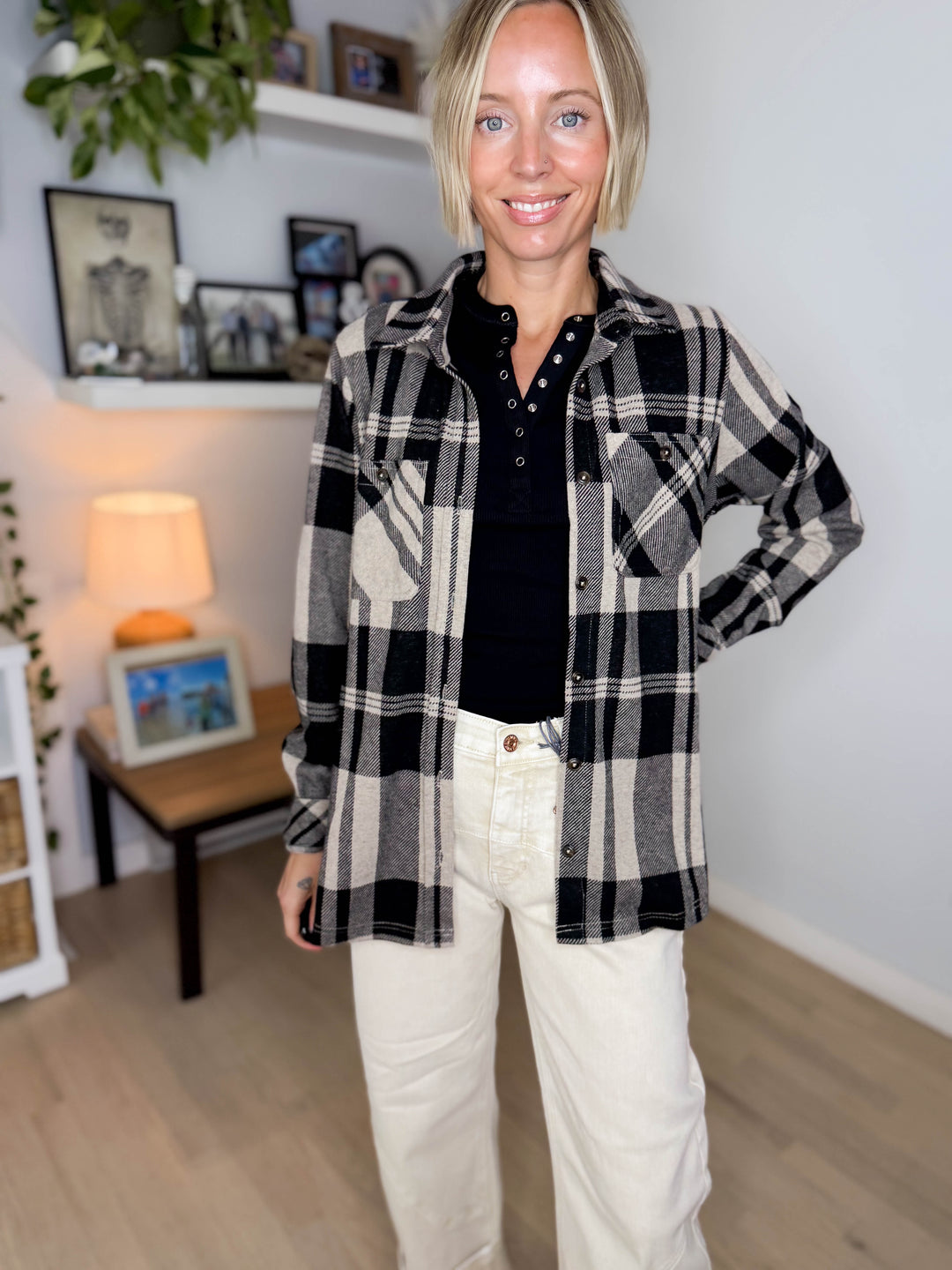 Arabella Plaid Button Up Shacket- TAN/BLACK
