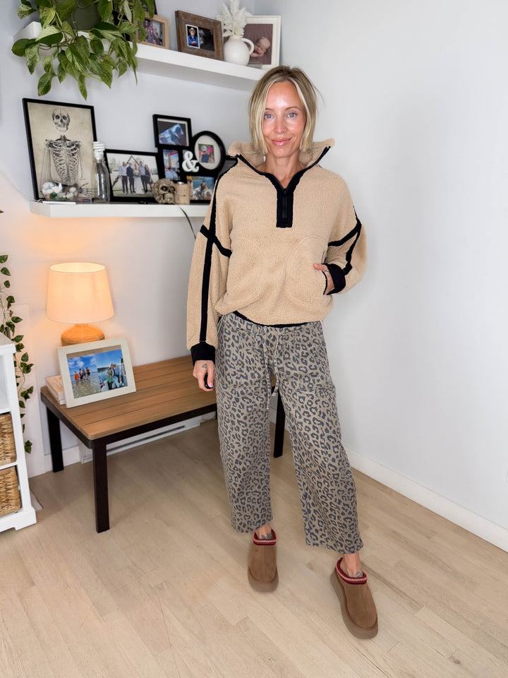 Justina Half Zip Sherpa Fleece Pullover- TAN/BLACK