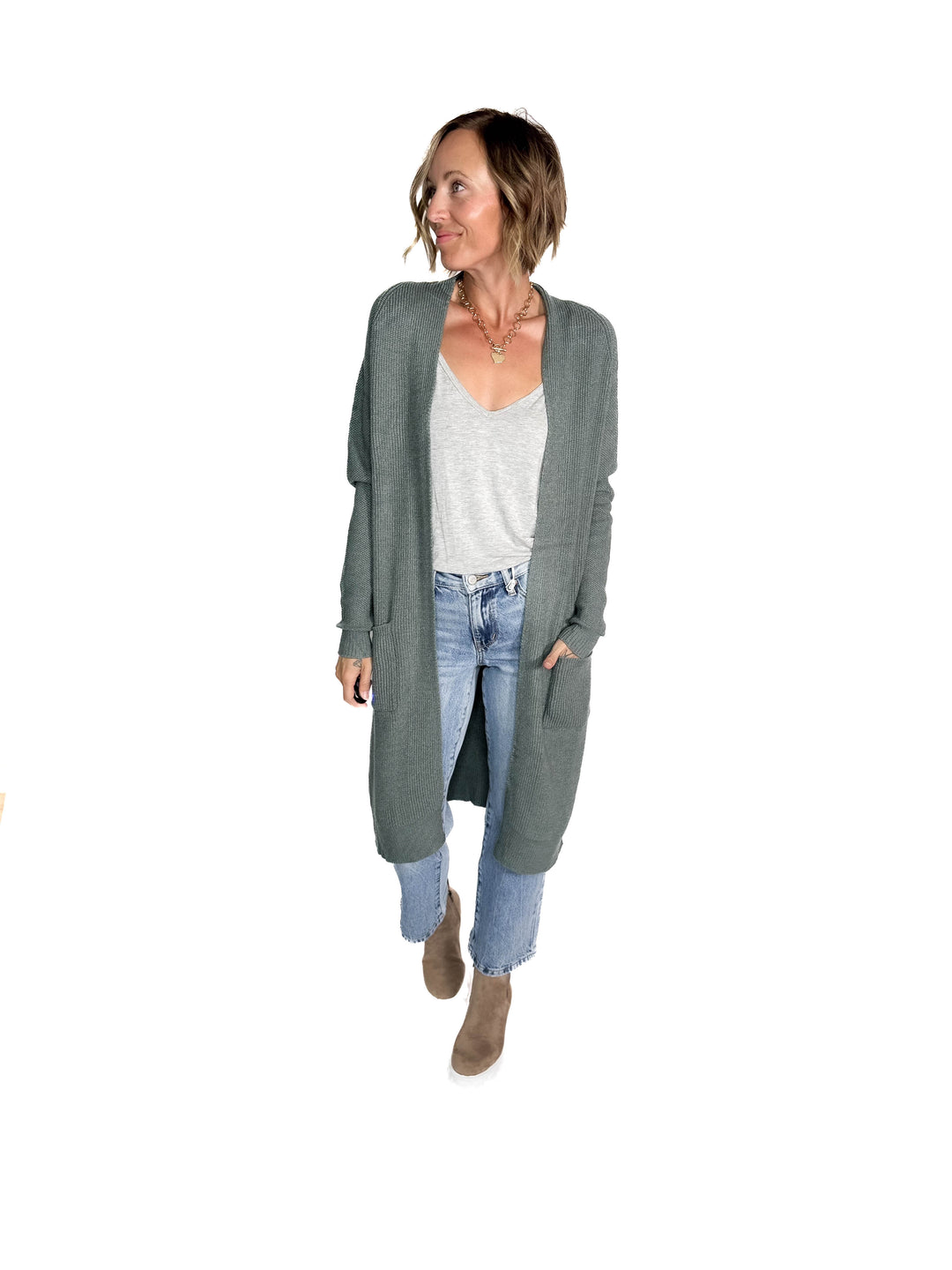 Lisa Long Line Knit Cardigan- MOSS
