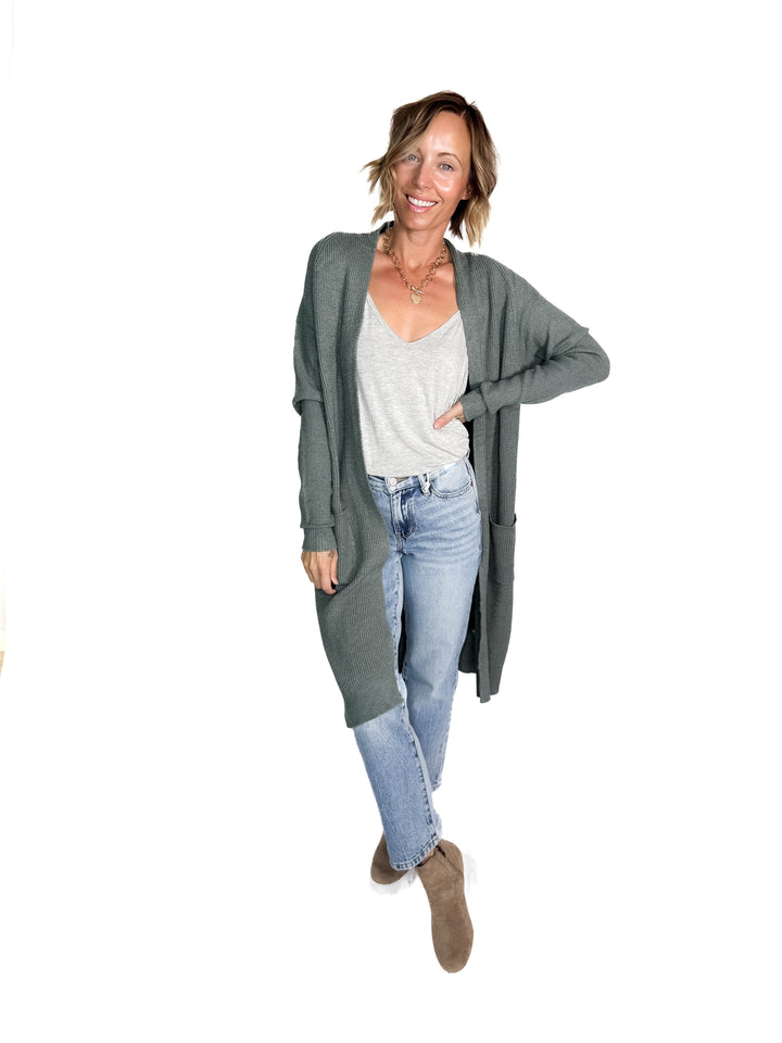 Lisa Long Line Knit Cardigan- MOSS