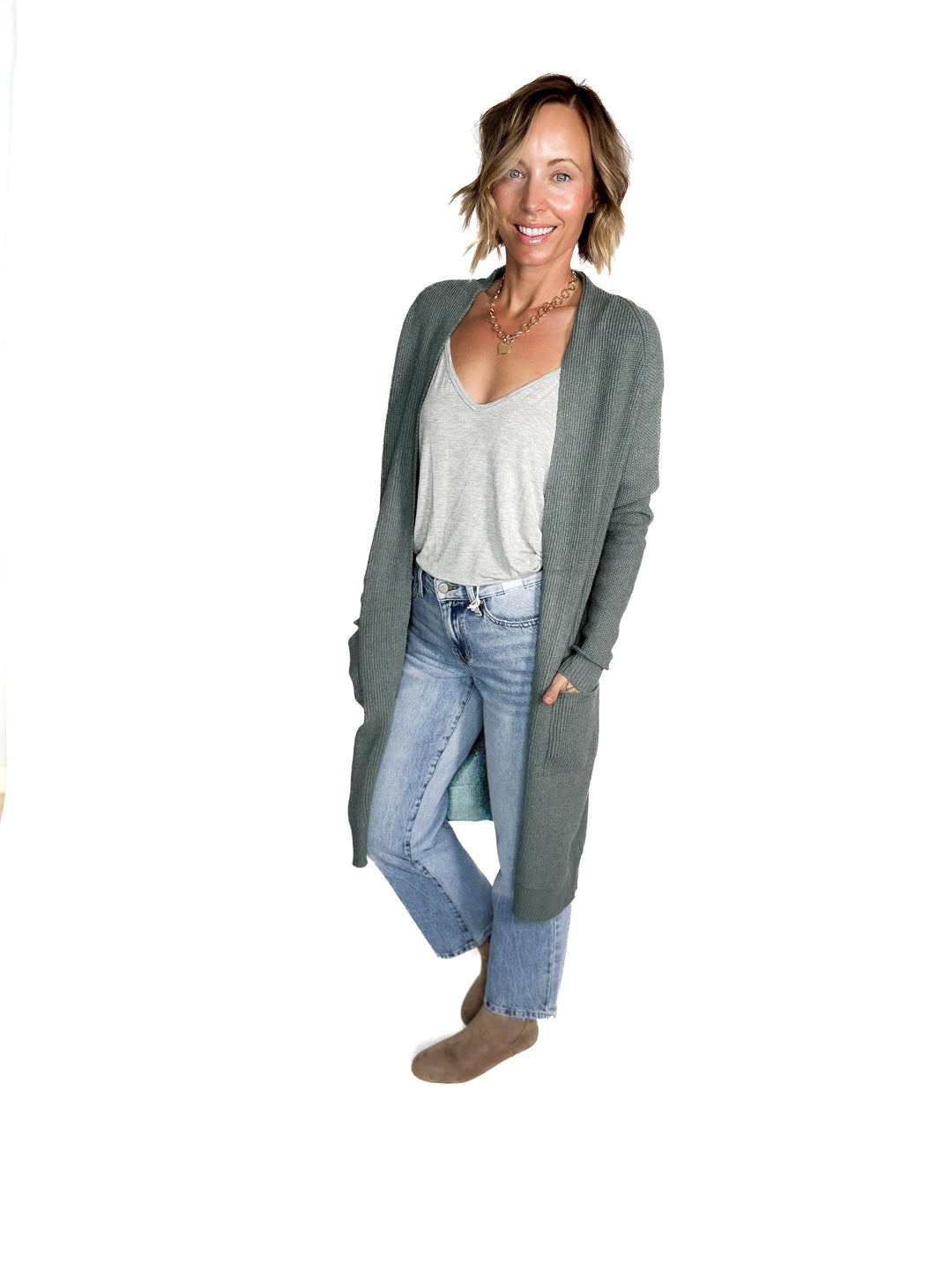Lisa Long Line Knit Cardigan- MOSS