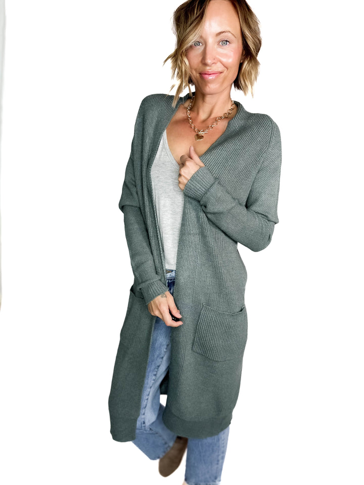 Lisa Long Line Knit Cardigan- MOSS