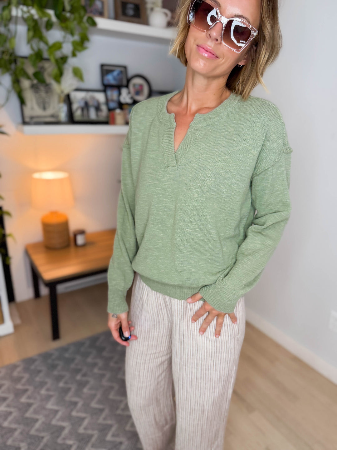 Boardwalk Raw Henley Long Sleeve Sweater- SAGE