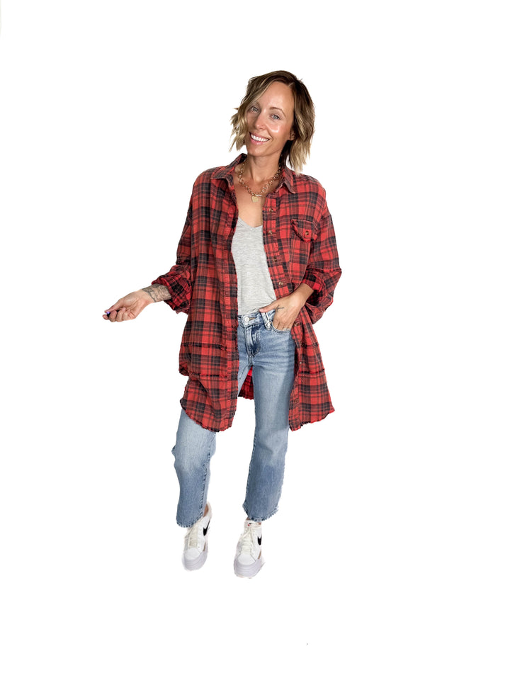 Fenton Oversized Plaid Button Shacket- FADED CORAL RED