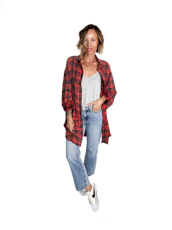 Fenton Oversized Plaid Button Shacket- FADED CORAL RED