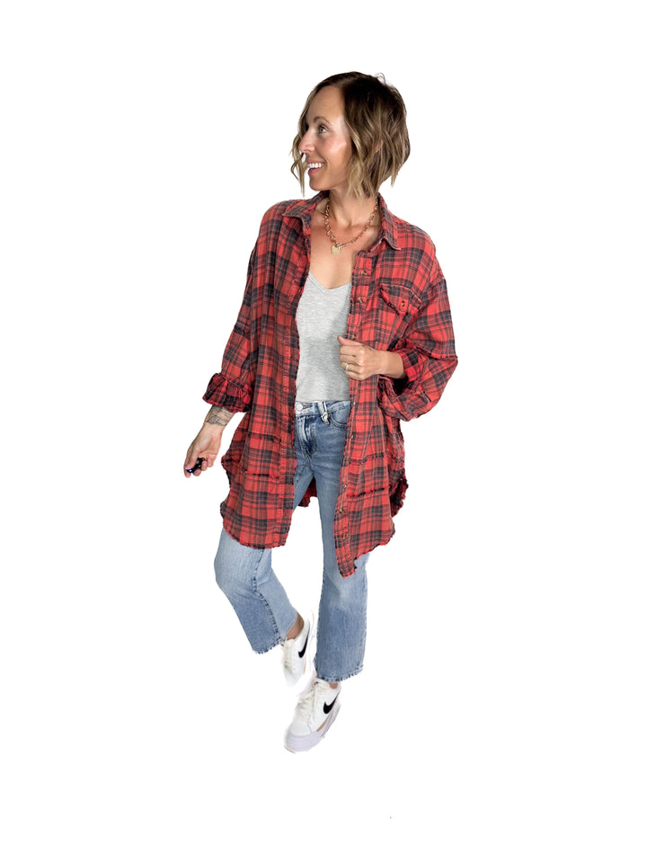 Fenton Oversized Plaid Button Shacket- FADED CORAL RED