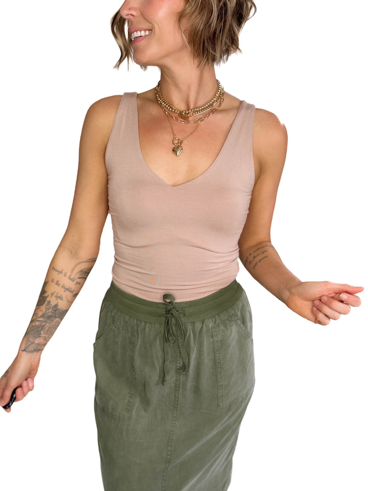 Lucy Double V Neck Jersey Tank-  NUDE-FINAL SALE