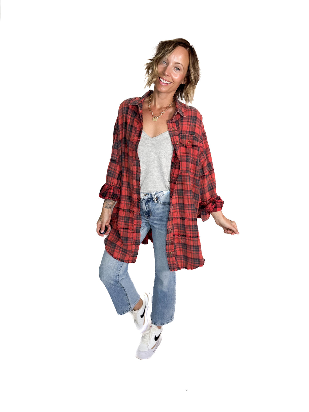 Fenton Oversized Plaid Button Shacket- FADED CORAL RED