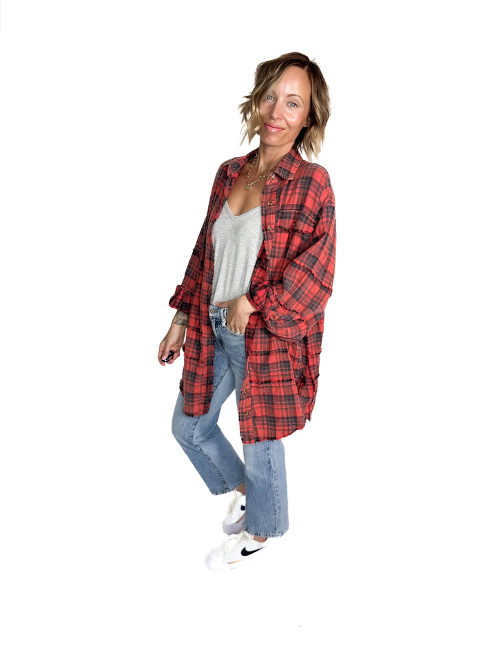 Fenton Oversized Plaid Button Shacket- FADED CORAL RED