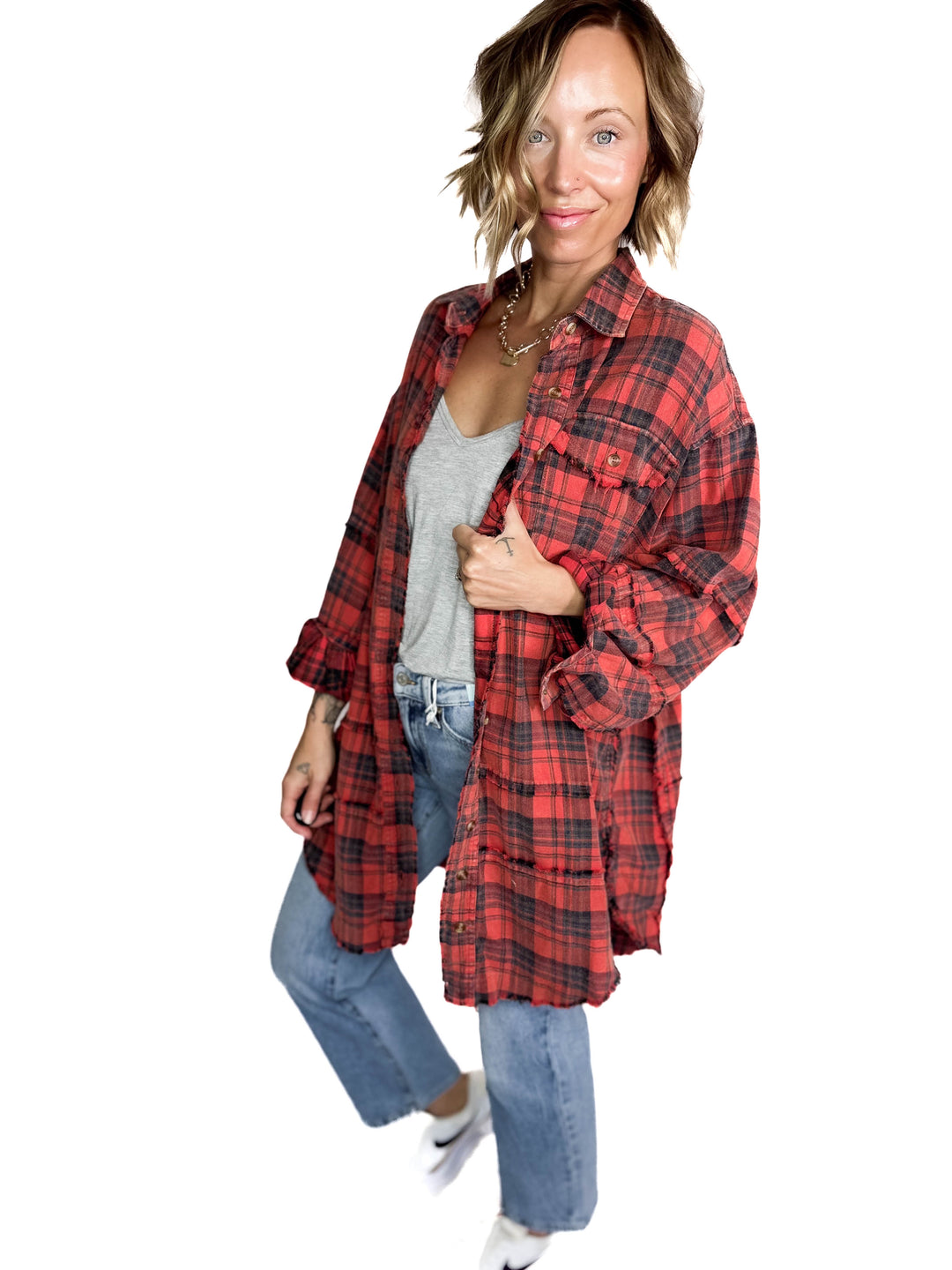 Fenton Oversized Plaid Button Shacket- FADED CORAL RED