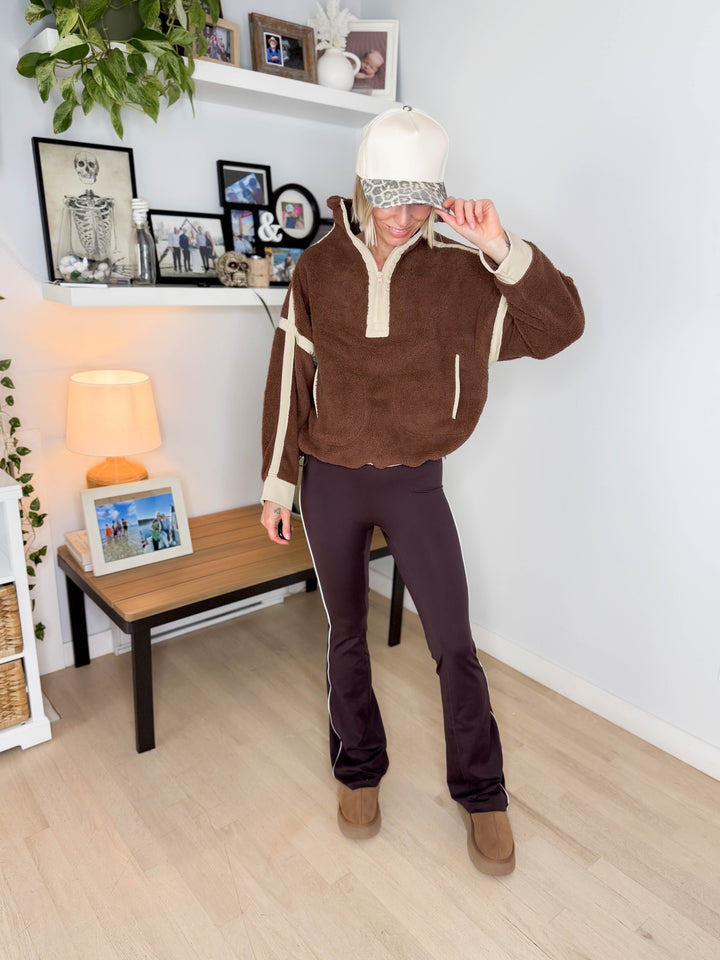 Justina Half Zip Sherpa Fleece Pullover- BROWN/TAN