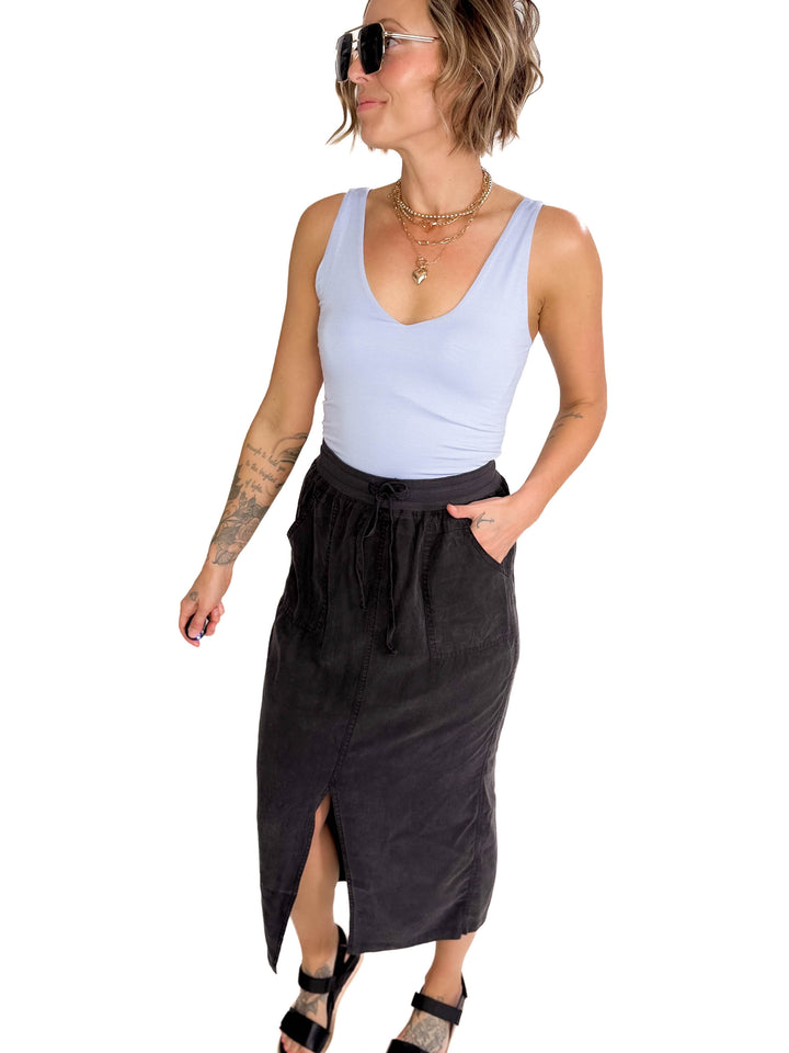Lucy Double V Neck Jersey Tank- CHAMBRAY