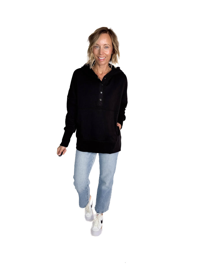 Farrah Fleece Half Button Hooded Sweatshirt- BLACK