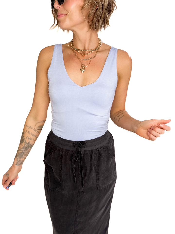 Lucy Double V Neck Jersey Tank- CHAMBRAY