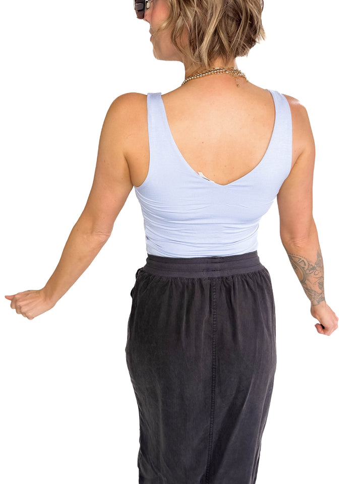 Lucy Double V Neck Jersey Tank- CHAMBRAY