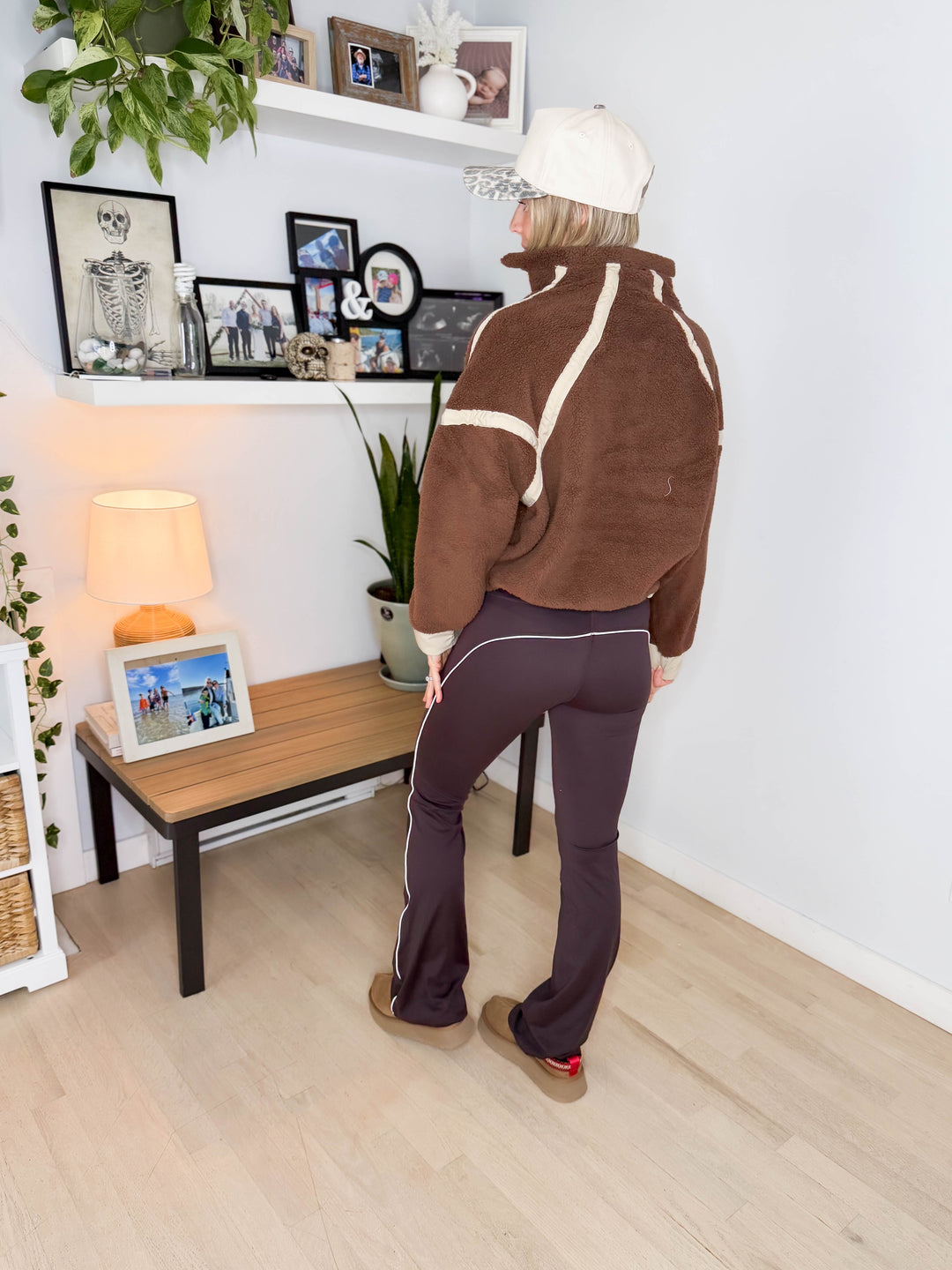 Justina Half Zip Sherpa Fleece Pullover- BROWN/TAN