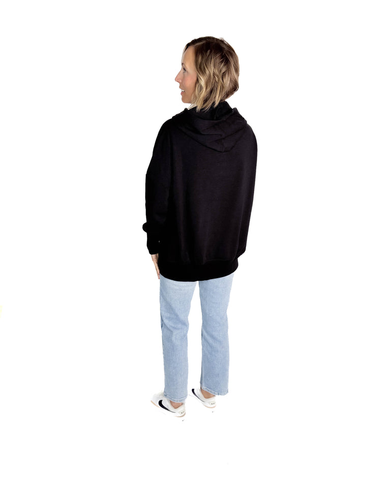 Farrah Fleece Half Button Hooded Sweatshirt- BLACK